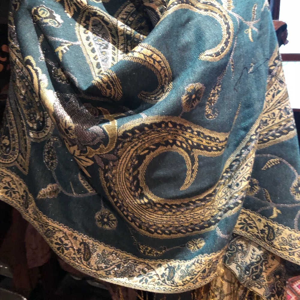 Vintage styled teal paisley pashmina shawl